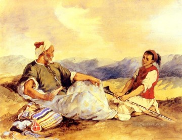  campo Pintura al %C3%B3leo - Dos marroquíes sentados en el campo Romántico Eugene Delacroix